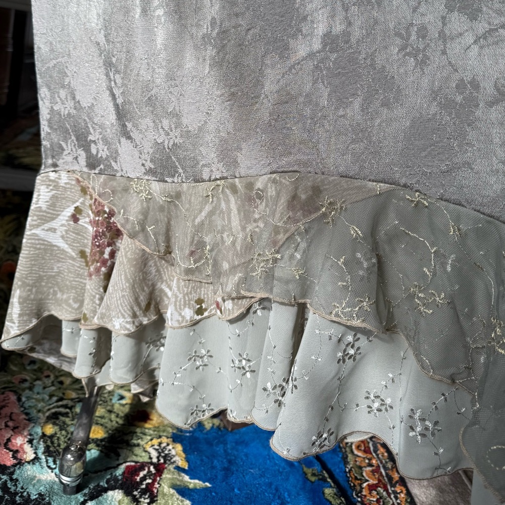 Light Sage Tonal Floral Satin Maxi Skirt with Embroidered Layered Ruffle,plus 3X - Picture 4 of 11